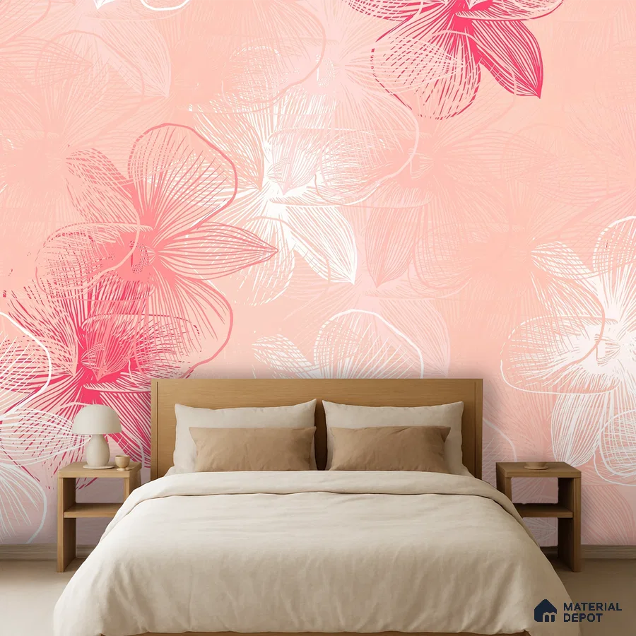 Scandinavian bedroom with blush pink floral wallpaper and light wood bed in Bengaluru