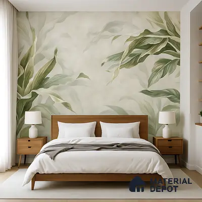 Scandinavian bedroom with botanical wallpaper and natural wood furniture in Bengaluru