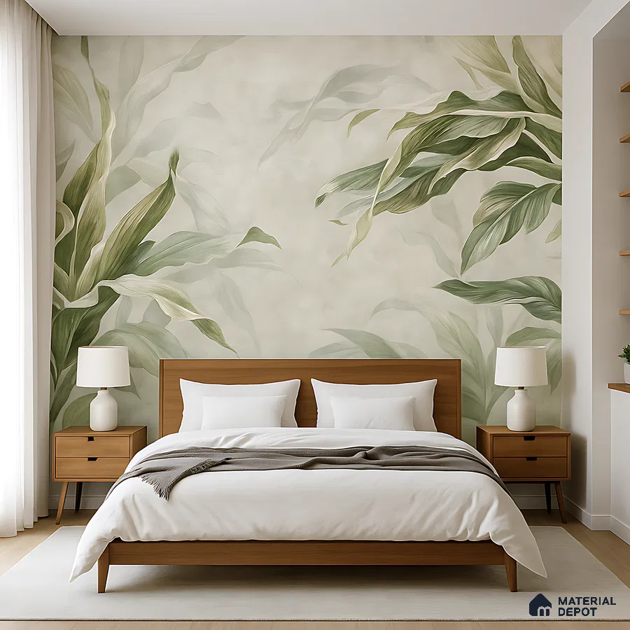 Scandinavian bedroom with botanical wallpaper and natural wood furniture in Bengaluru