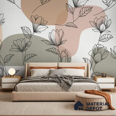 Scandinavian bedroom with floral patterned wallpaper and beige upholstered bed in Bengaluru
