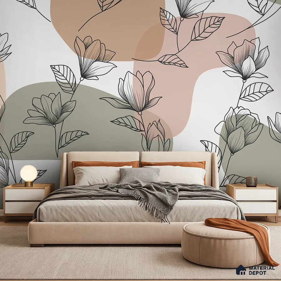 Scandinavian bedroom with floral patterned wallpaper and beige upholstered bed in Bengaluru