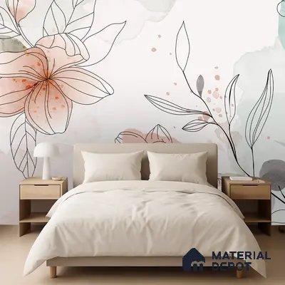 Scandinavian bedroom with floral patterned wallpaper and light wood furniture in Bengaluru