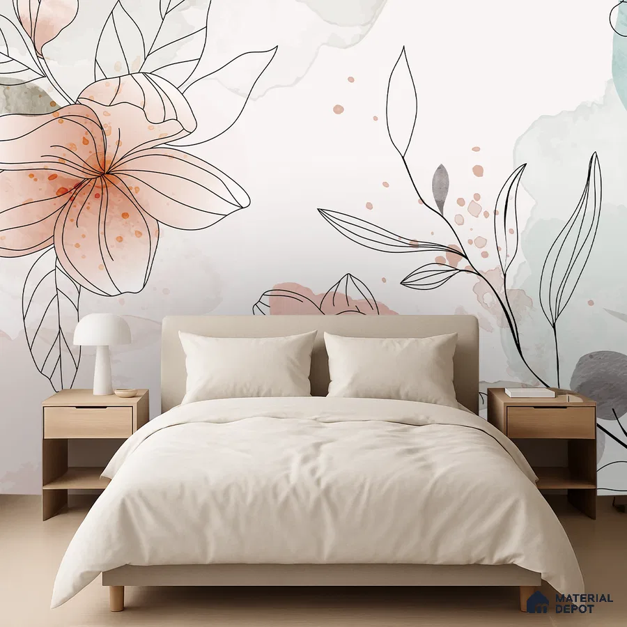 Scandinavian bedroom with floral patterned wallpaper and light wood furniture in Bengaluru