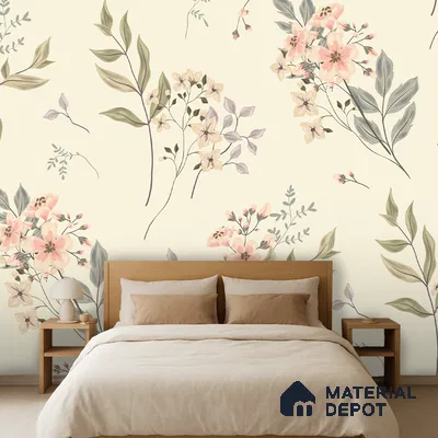 Scandinavian bedroom with floral wallpaper and light wood bed in Bengaluru