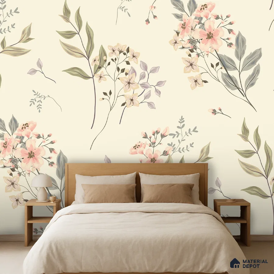 Scandinavian bedroom with floral wallpaper and light wood bed in Bengaluru