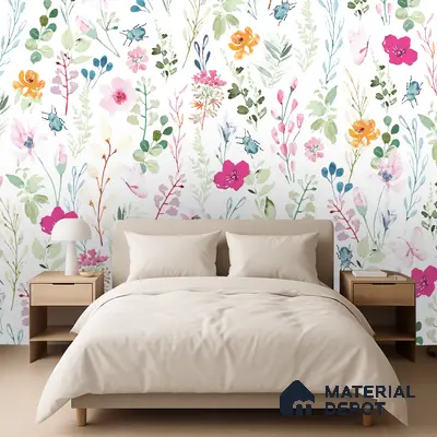 Scandinavian bedroom with floral wallpaper and light wood furniture in Bengaluru