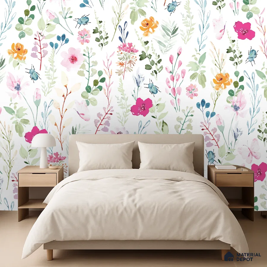 Scandinavian bedroom with floral wallpaper and light wood furniture in Bengaluru