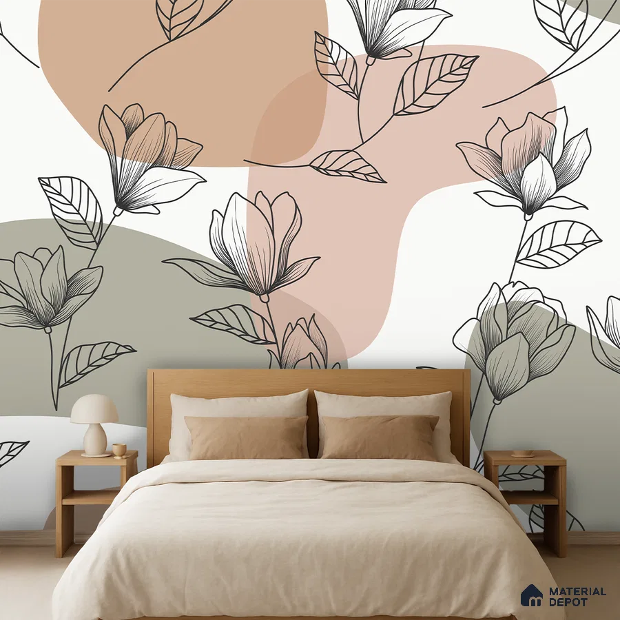 Scandinavian bedroom with floral wallpaper, natural wood bed, and beige bedding in Bengaluru