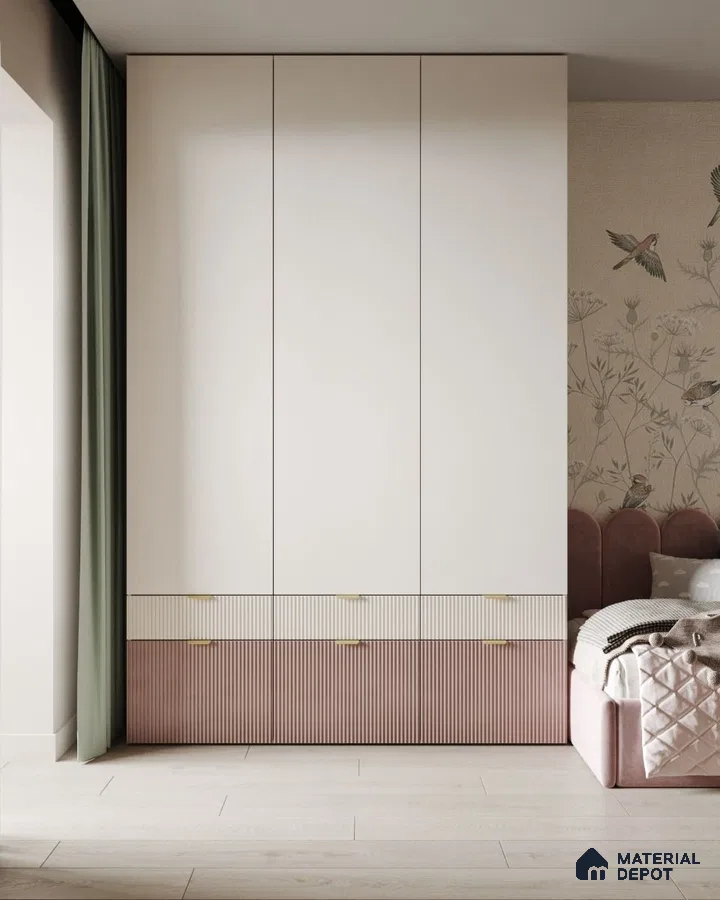 Scandinavian bedroom with frosty white and blush pink fluted laminate wardrobe and nature wallpaper | Material Depot