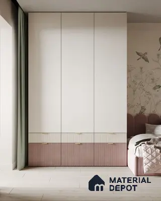 Scandinavian bedroom with frosty white and blush pink fluted laminate wardrobe and nature wallpaper | Material Depot