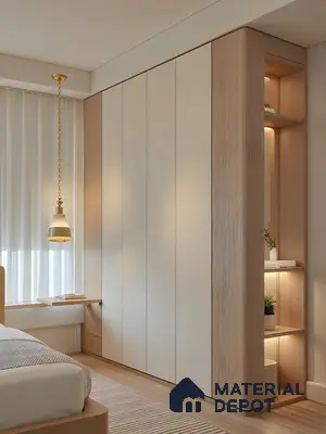 Scandinavian bedroom with frosty white laminate wardrobe and light oak wood panels | Material Depot