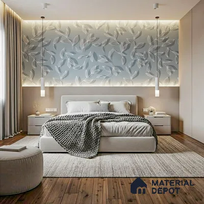 Scandinavian bedroom with leaf patterned wallpaper, beige upholstered bed, and natural wood flooring in Purva Midtown B-Narayanapura 3 BHK Bengaluru Apartment