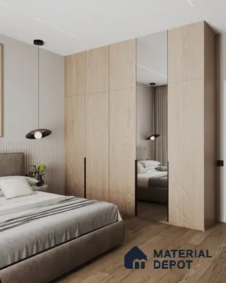 Scandinavian bedroom with light oak wardrobe, mirrored shutters, and wooden flooring | Material Depot
