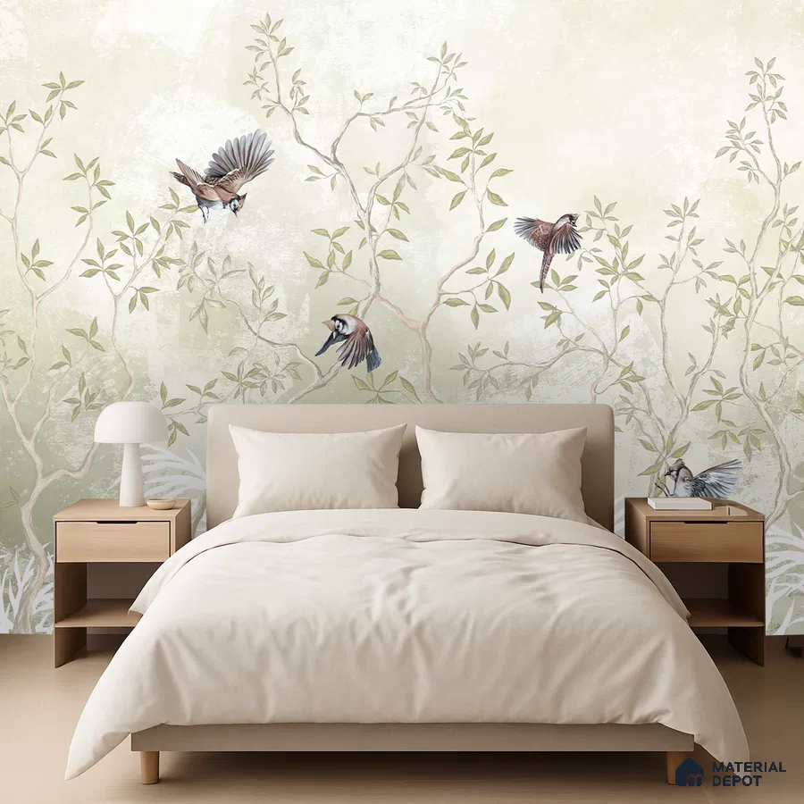 Scandinavian bedroom with nature-inspired bird and vine wallpaper and light wood furniture in Bengaluru