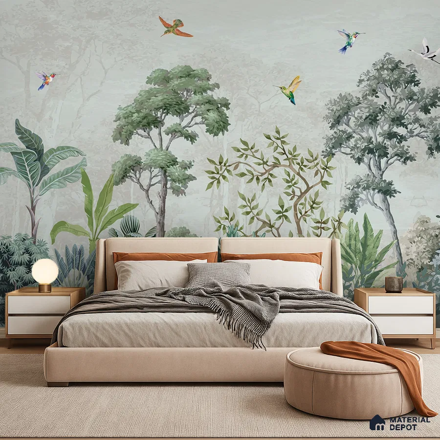 Scandinavian bedroom with nature-inspired tropical wallpaper and beige upholstered bed in Bengaluru