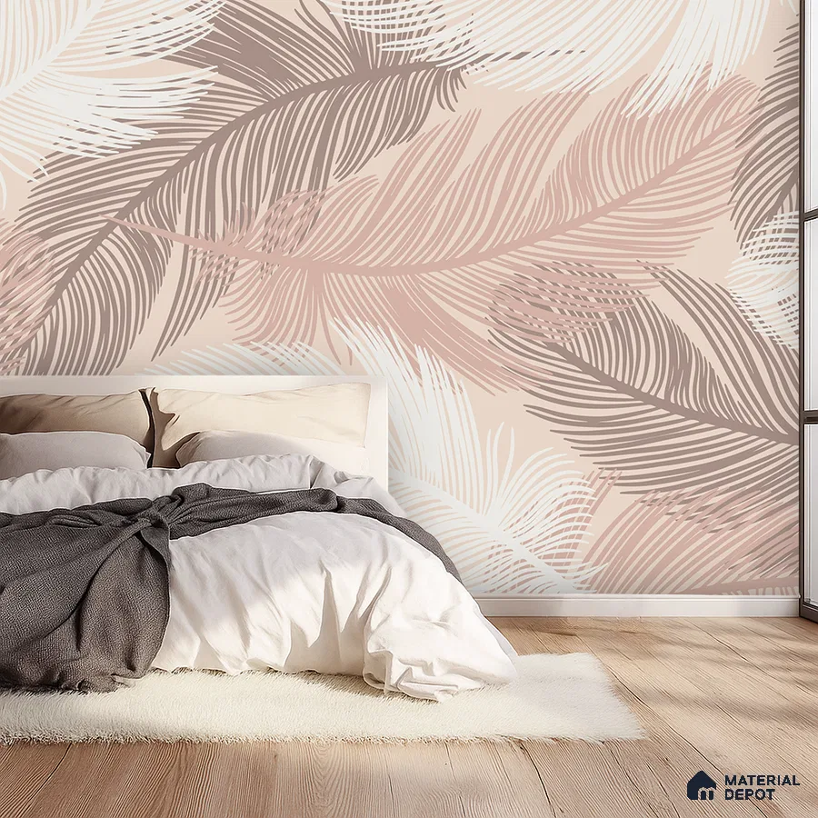 Scandinavian bedroom with pastel feather patterned wallpaper and light oak wooden flooring in Bengaluru