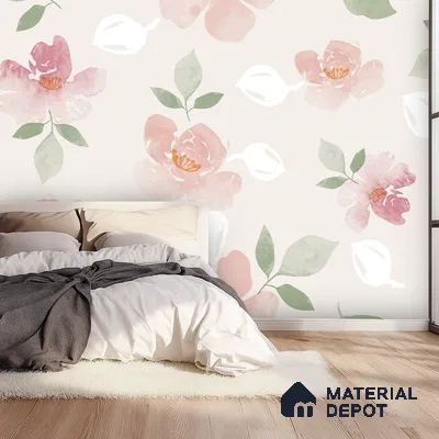 Scandinavian bedroom with pastel floral wallpaper and light wood flooring in Bengaluru