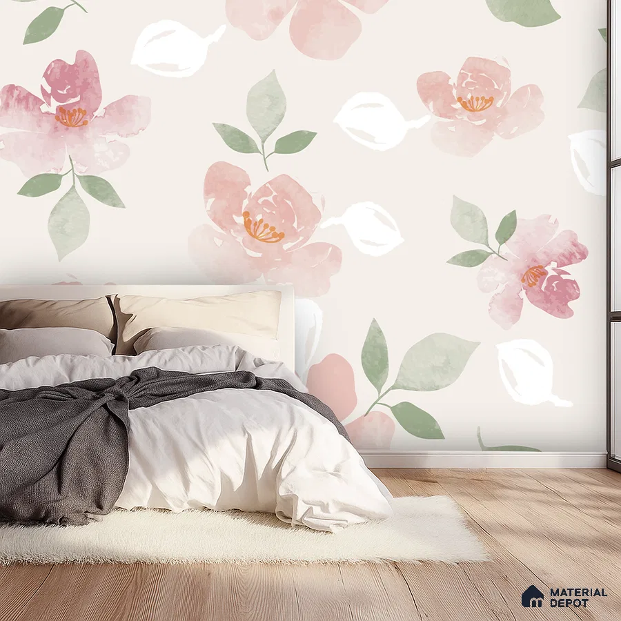 Scandinavian bedroom with pastel floral wallpaper and light wood flooring in Bengaluru