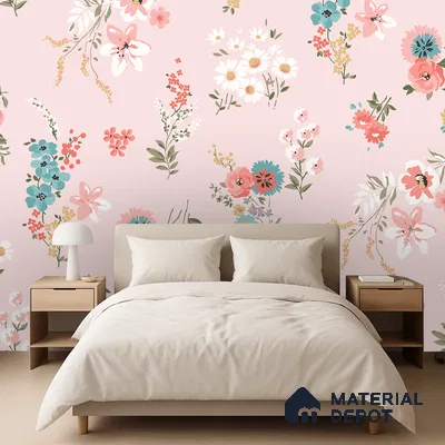 Scandinavian bedroom with pastel floral wallpaper and light wood furniture in Bengaluru