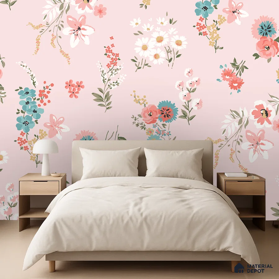 Scandinavian bedroom with pastel floral wallpaper and light wood furniture in Bengaluru