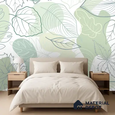 Scandinavian bedroom with pastel green botanical wallpaper and light wood furniture in Bengaluru