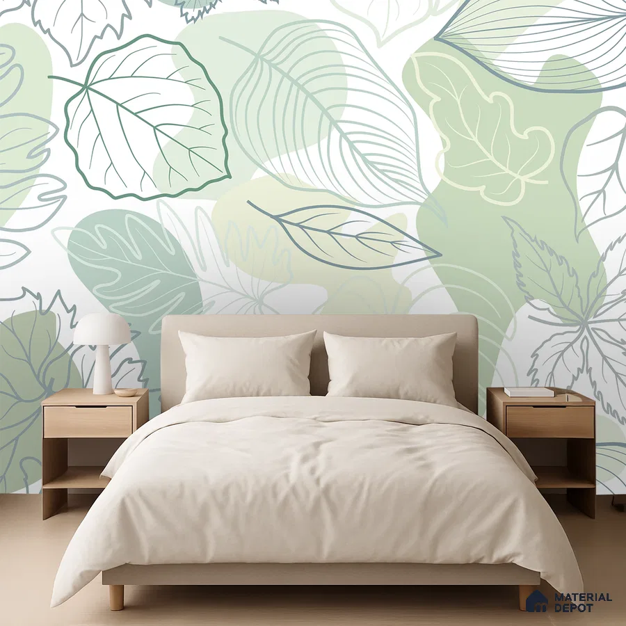 Scandinavian bedroom with pastel green botanical wallpaper and light wood furniture in Bengaluru