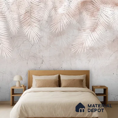 Scandinavian bedroom with pastel palm patterned wallpaper and light wood furniture in Bengaluru