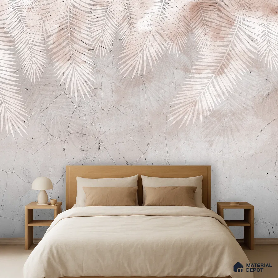 Scandinavian bedroom with pastel palm patterned wallpaper and light wood furniture in Bengaluru