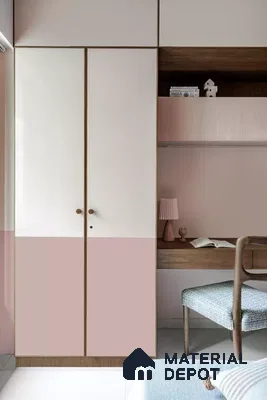 Scandinavian bedroom with pastel pink and white laminate wardrobe, fluted pastel laminate, and wooden study desk | Material Depot