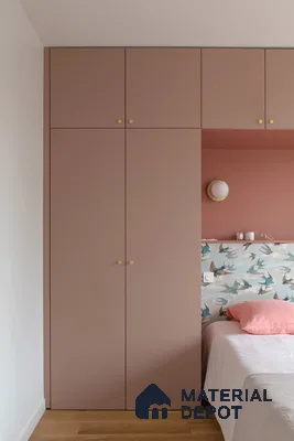 Scandinavian bedroom with pastel pink laminate wardrobe, bird motif wallpaper, and light wood flooring | Material Depot