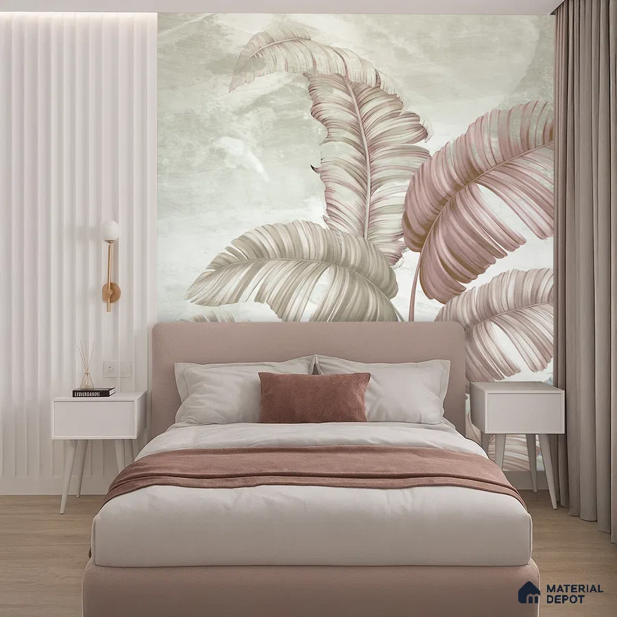 Scandinavian bedroom with pastel tropical wallpaper, blush pink upholstery, and white fluted wall panels in Bengaluru