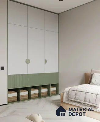 Scandinavian bedroom with sage green fluted laminate wardrobe and light wood flooring | Material Depot