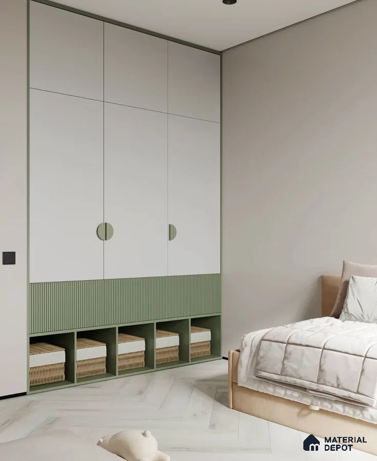 Scandinavian bedroom with sage green fluted laminate wardrobe and light wood flooring | Material Depot