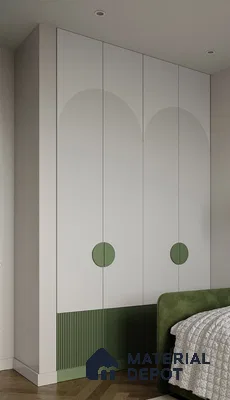 Scandinavian bedroom with sage green fluted laminate wardrobe and white solid color laminate | Material Depot