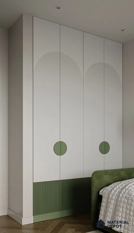 Scandinavian bedroom with sage green fluted laminate wardrobe and white solid color laminate | Material Depot