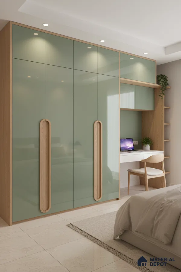 Scandinavian bedroom with sage green high gloss laminate wardrobe and natural oak finish study unit in Bengaluru