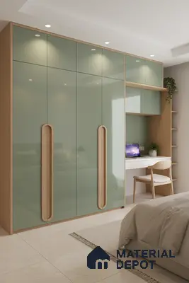 Scandinavian bedroom with sage green high gloss laminate wardrobe and natural oak laminate study unit in Bengaluru