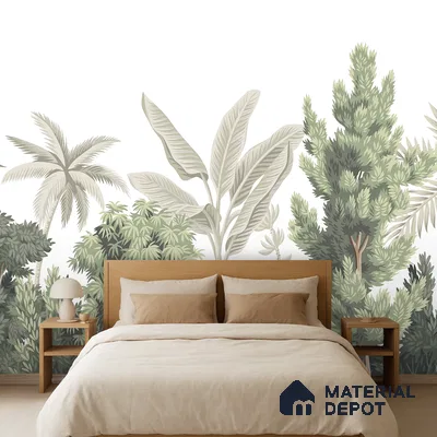 Scandinavian bedroom with tropical botanical wallpaper and natural wood bed in Bengaluru