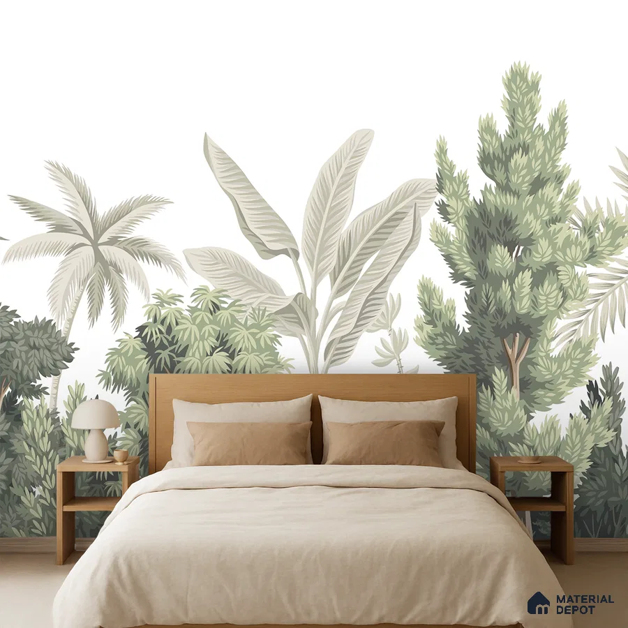 Scandinavian bedroom with tropical botanical wallpaper and natural wood bed in Bengaluru