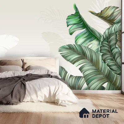 Scandinavian bedroom with tropical wallpaper and light oak wooden flooring in Bengaluru