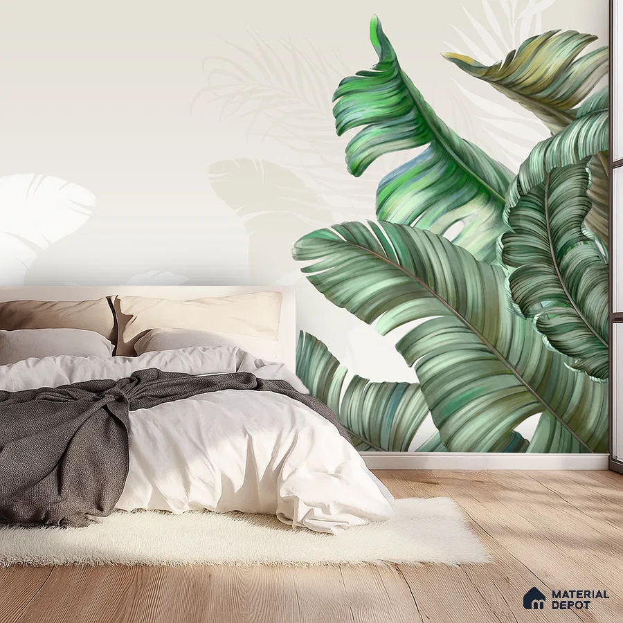 Scandinavian bedroom with tropical wallpaper and light oak wooden flooring in Bengaluru