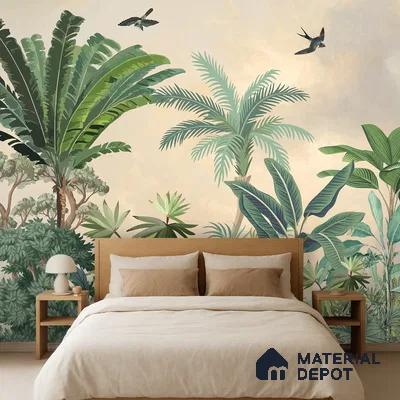 Scandinavian bedroom with tropical wallpaper and natural wood bed in Bengaluru