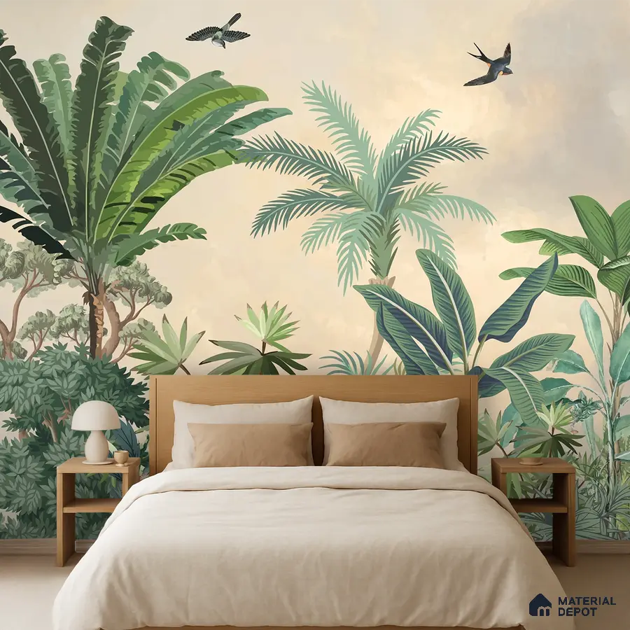 Scandinavian bedroom with tropical wallpaper and natural wood bed in Bengaluru