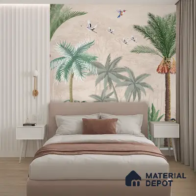 Scandinavian bedroom with tropical wallpaper, blush upholstered bed, and light wood flooring in Bengaluru