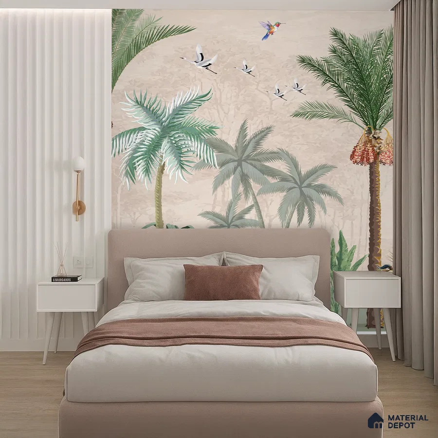 Scandinavian bedroom with tropical wallpaper, blush upholstered bed, and light wood flooring in Bengaluru