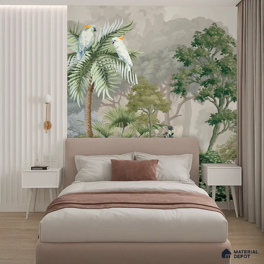 Scandinavian bedroom with tropical wallpaper, blush upholstered bed, and light wood flooring in Bengaluru