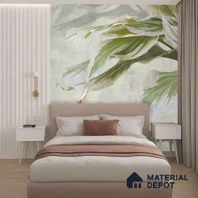 Scandinavian bedroom with tropical wallpaper, blush upholstered bed, and white fluted wall panels in Bengaluru