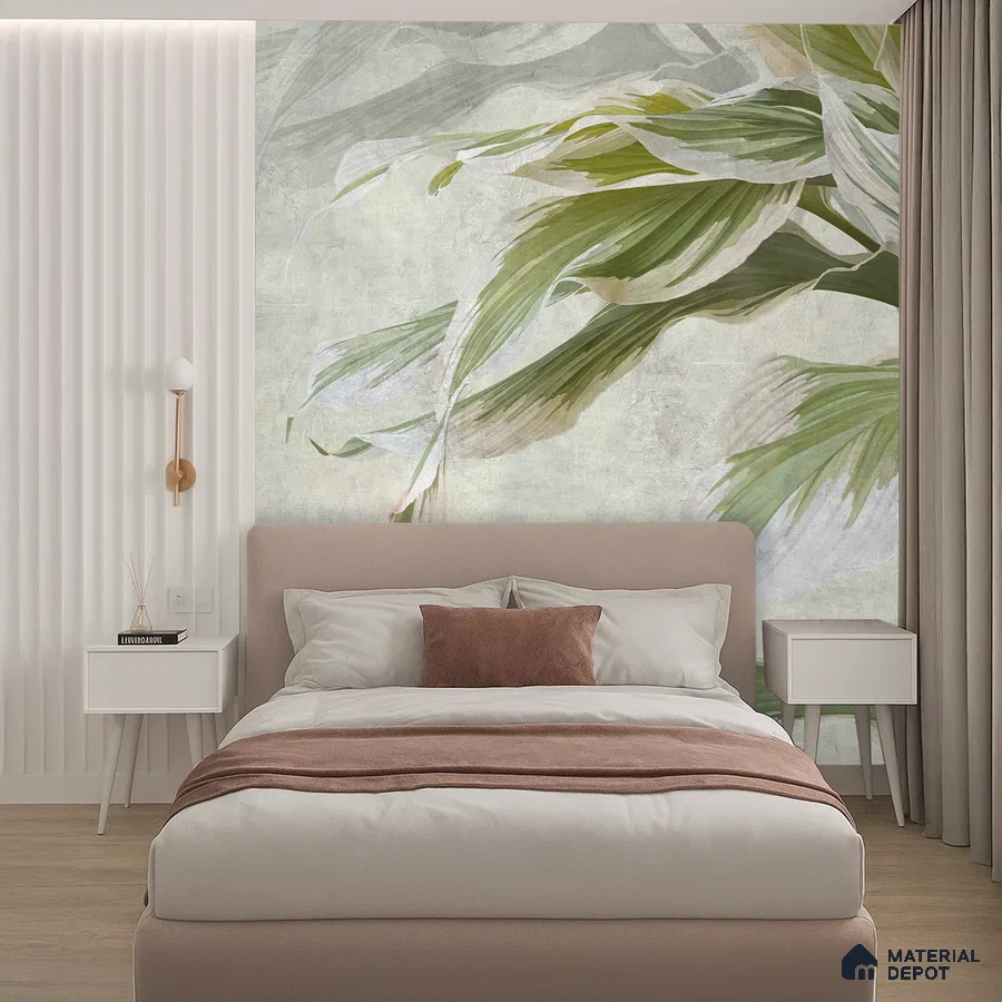 Scandinavian bedroom with tropical wallpaper, blush upholstered bed, and white fluted wall panels in Bengaluru