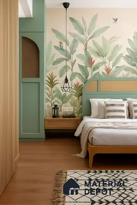 Scandinavian bedroom with tropical wallpaper, sage green laminate, and natural wood flooring in Sattva Anugraha Vijayanagar 3 BHK Bengaluru Apartment