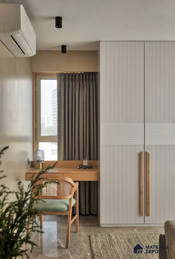 Scandinavian bedroom with white fluted wardrobe, natural wood study desk, and marble floor tile | Material Depot